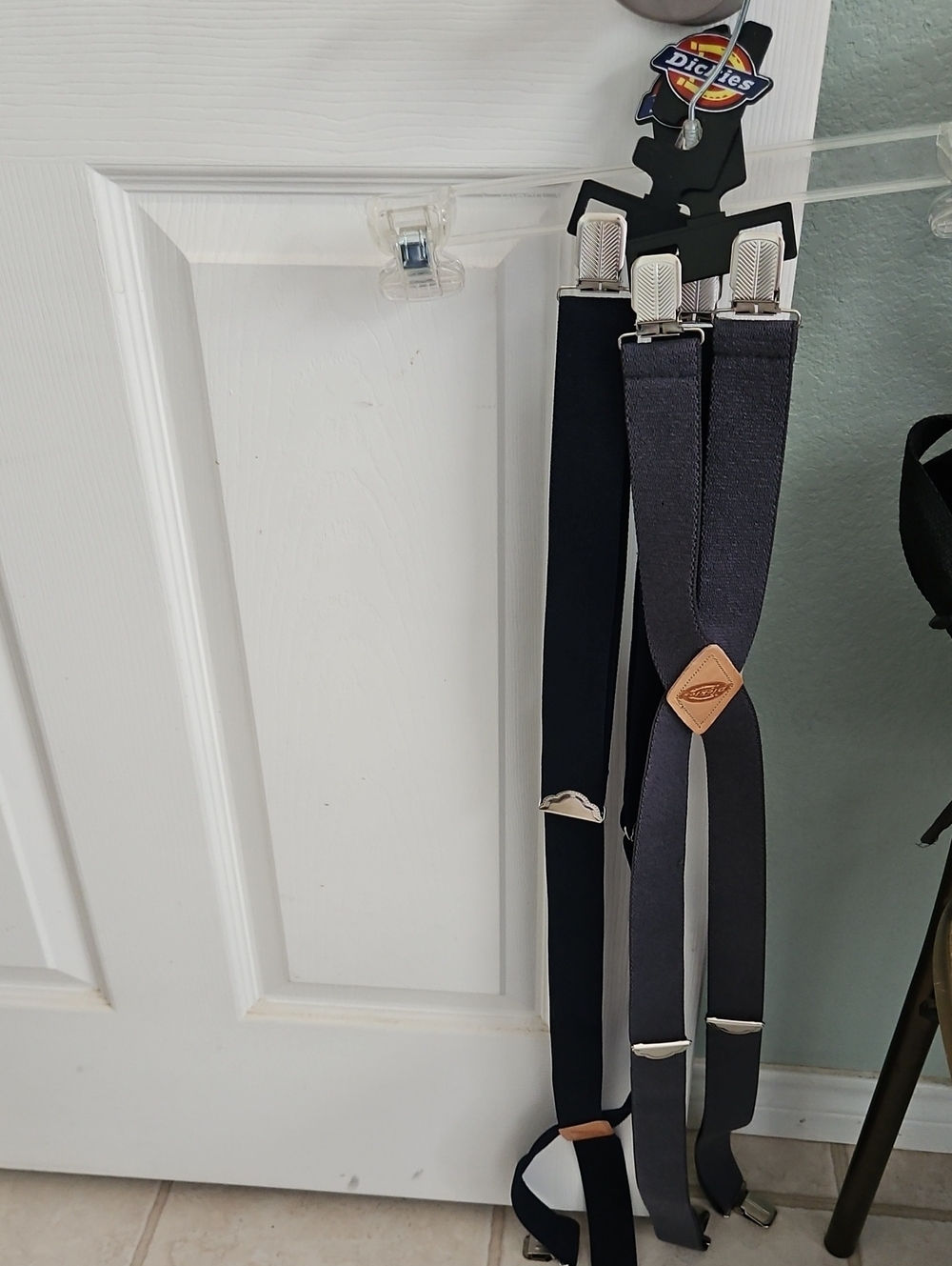 Dickies Men's Adjustable Suspenders with Leather Accent. Black and Gray